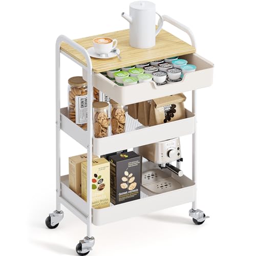 TOOLF 3-Tier Utility Rolling Cart with Wooden Board and Drawer, Metal Storage Cart with Handle, Black Trolley Kitchen Organizer Rolling Desk with Locking Wheels for Office, Classroom, Home, Bedroom