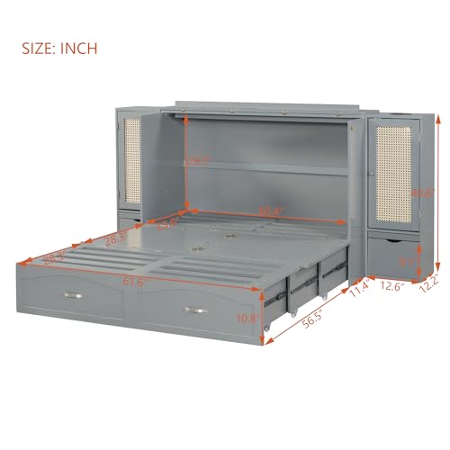 Wooden Queen Size Murphy Bed with Drawer and Rattan Decoration with 2 Storage Cabinets, One set of Sockets & USB Ports,for Apartments Studio Guest Room Use (Gray@Cabinets, Queen)
