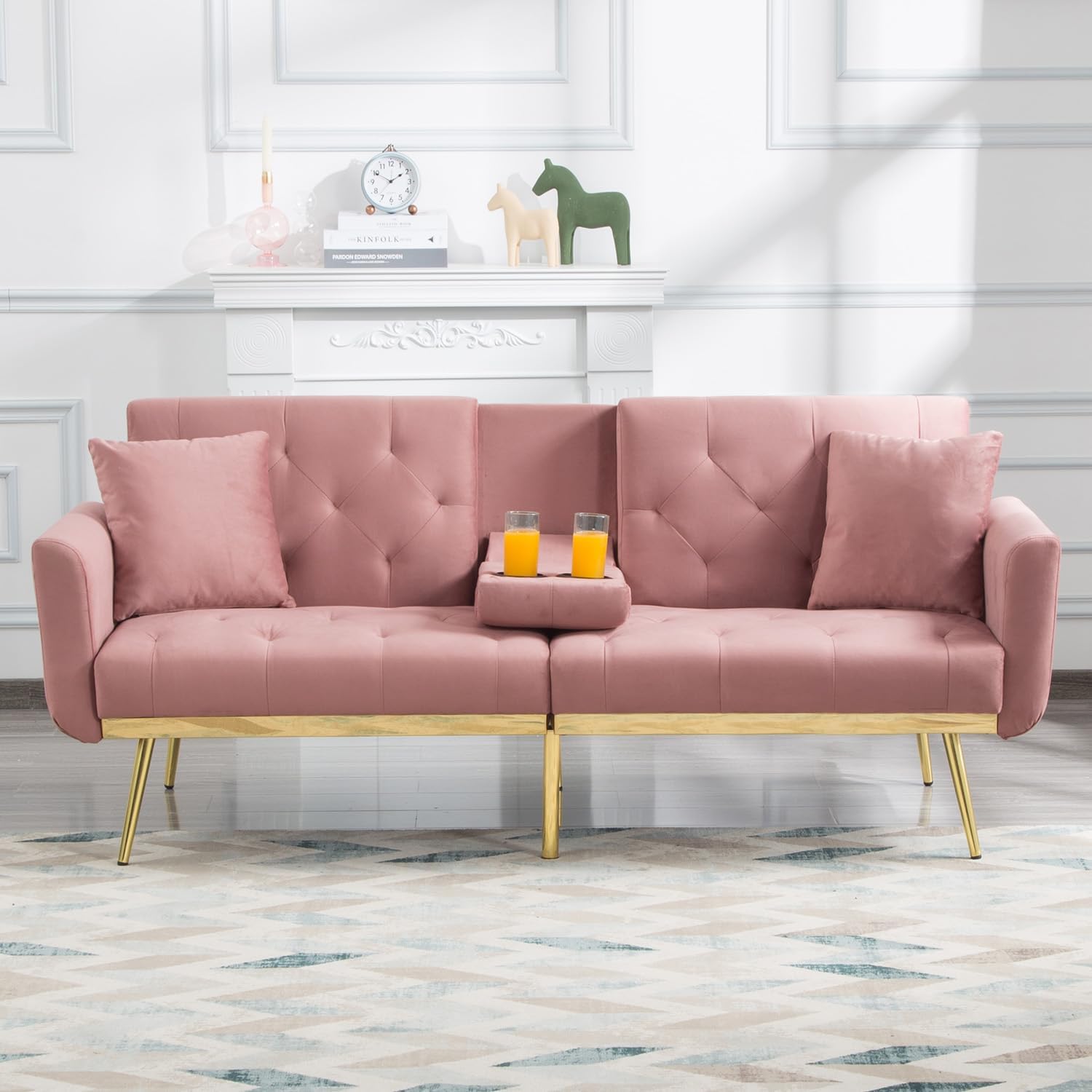 72.4'' Convertible Velvet Sleeper Sofa Bed Loveseat Futon Couch w/2 Cupholders, Metal Legs, 2 Pillows for Home, Office, Guest Room, Apartment-Pink