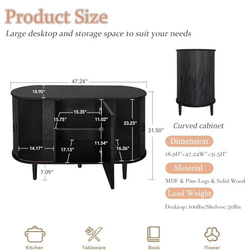 Sideboard Buffet Cabinet with Storage - Fluted Sideboard with Sliding Door, Wooden Console Cabinet with Drawers, 48