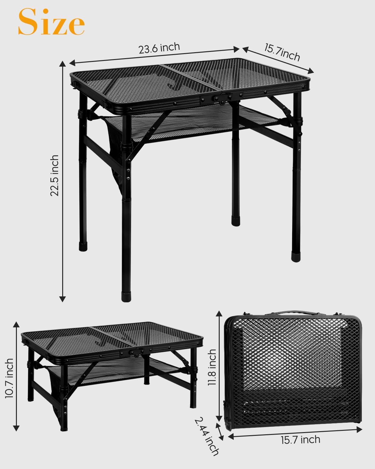 Small Folding Grill Table, Height Adjustable Aluminum Outdoor Table, Portable Picnic Table for Outdoor Camping, Picnic, Patio, Dining, BBQ, Party, 23.6×15.7 inch