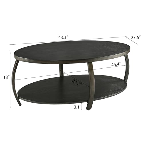 MODERION Oval Coffee Table with Storage Shelf, Industrial Center Tea Table with Metal Legs, 2-tier Farmhouse Side Sofa Table, Accent Furniture, Easy Assembly for Living Room, Black KFZ2439DK