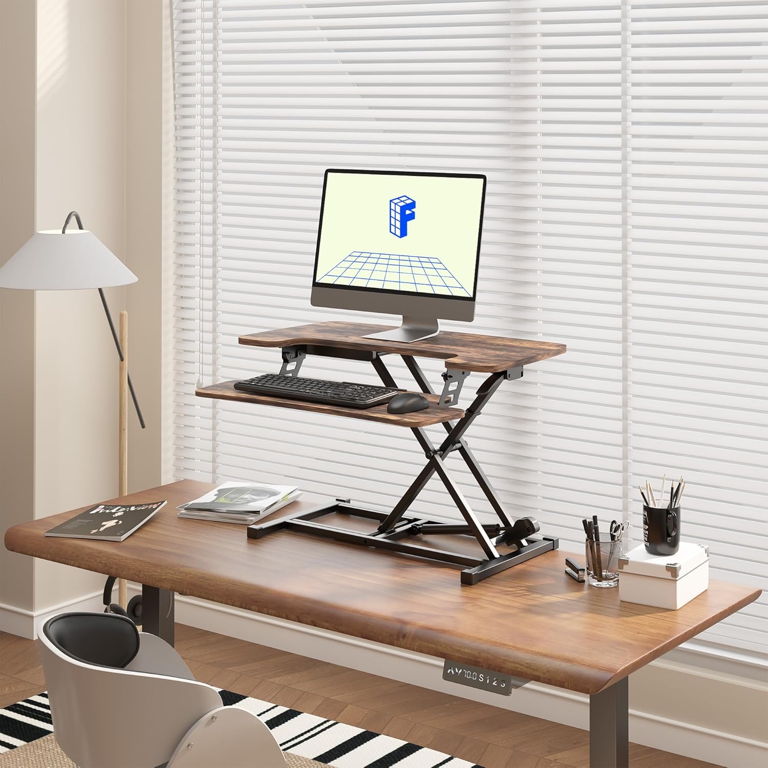 FLEXISPOT 32in Height Adjustable Standing Desk Converter Sit-to-Stand Desk Riser with Wide Keyboard Tray 2-Tier Desktop Computer Workstation Rustic Color