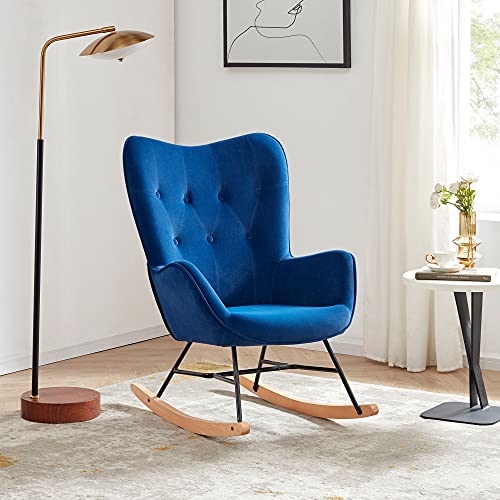 BELLEZE Mid Century Modern Rocking Chair, Upholstered Velvet Armchair with Tufted Buttons, Vintage Comfy Glider Chair for Living Room, Bedroom, Nursery - Finnegan (Blue)