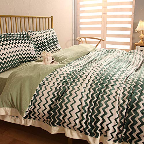 Flannel Duvet Cover Double,2020 Winter Milk Velvet Flannel Bed Four-Piece Set Simple Striped Wave Bed Four-Piece Set-Green_1.5m Bed