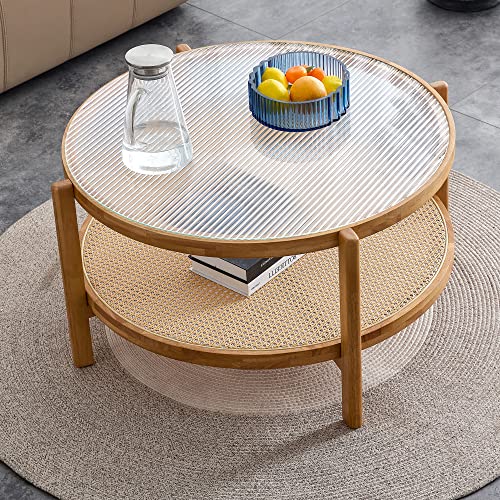 Modern Rattan Woven Tea Table with Glass Desktop, Modern simple circular double-layer Glass Top Coffee Table with rattan woven for living room, dining room and bedroom (Round Coffee Table)