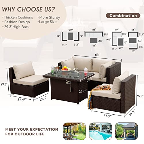 NICESOUL® High-Classed Extra Large Modern Patio Furnitures Outdoor Sectional Sofa Sets Steel Frame Approved Aluminum Propane Fire Pit Table 55000 BTU Espresso Color Porch Wicker Set
