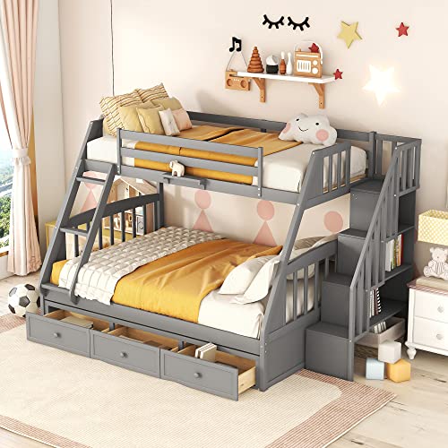 Harper & Bright Designs Twin Over Twin Bunk Bed with Stairs and Trundle, Solid Wood Stairway Bunk Bed Frame with Storage, Can be split into 3 separate beds, for Kids Teens Adults (Gray)