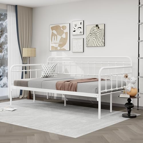 Victorian Twin Metal Daybed Frame Steel Slat Support Platform Mattress Foundation Sofa Bed for Living Room Guest Room Black