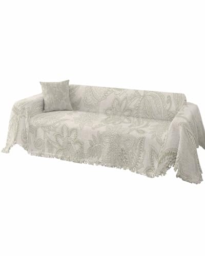 Botanical Blue Floral Sofa Cover Couch Covers for 2 Cushion Couch Loveseat Throw Cover with Tassel Washable Sofa Slipcover Vintage Flowers Leaves Texture Beige Couch Protector for Dog Pet 71