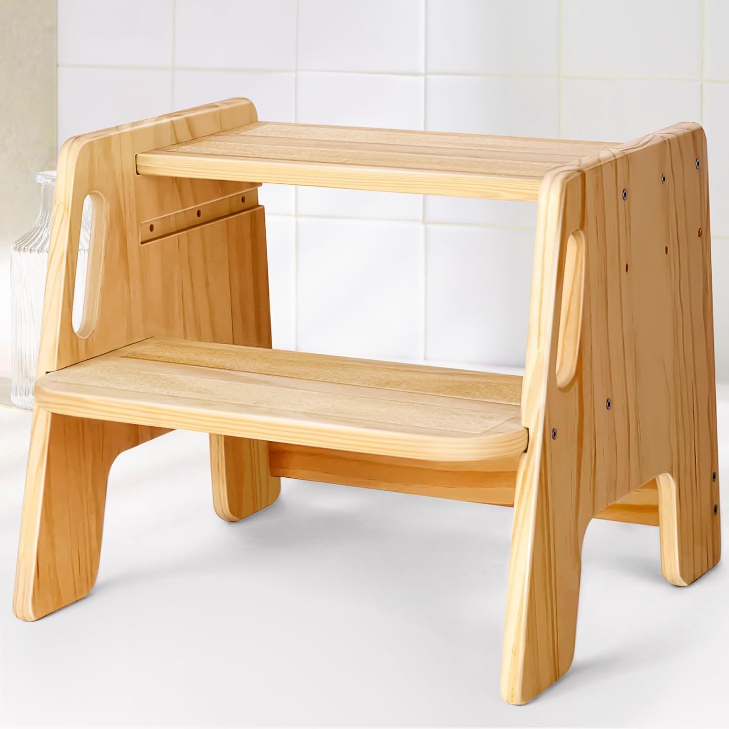 Toddler Step Stool, Wooden Height-Adjustable 2-Step Stool for Kids