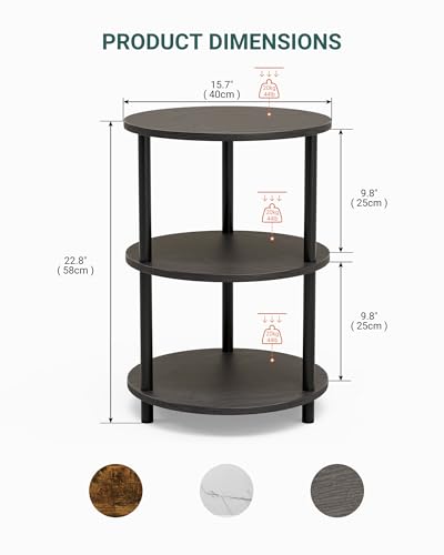 Round Side Table Living Room - Small Accent Table with 3 Tier Shelves, Rustic Wooden Couch End Table for Bedroom or Living Room, Reinforced Metal Legs, Set of 2, Charcoal Gray