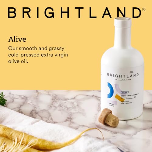 Brightland Extra Virgin Olive Oil, Alive - High Polyphenol Cold-Pressed Oil Ideal for Salads, Hummus, Baked Goods & Bread - Made from Arbosana, Arbequina & Koroneiki Olives - 12.7 Fl Oz