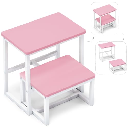 Step Stool for Adults,Holds up to 500Lb,3 in1 Heavy Duty Sturdy Two Step Stool for Kichen/Bathroom/High beds, wooden&Metal Frame, Non-Slip Pads