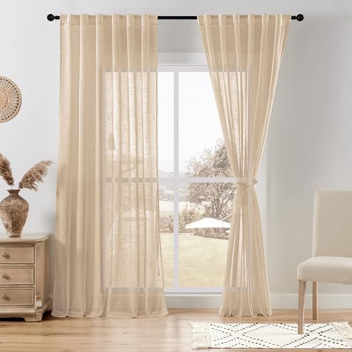 DWCN Linen Sheer Curtains, Rod Pocket & Back Tab Linen Texture Semi Sheer Window Covering, Light Airy Privacy Sheer Panels for Bedroom Living Room Patio Glass Door 52