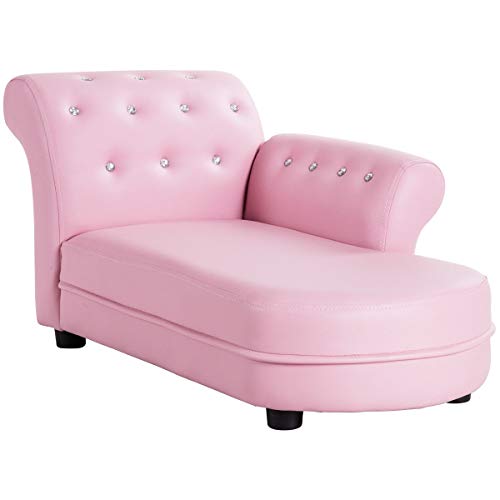 Armrest Relax Chaise Lounge Kids Sofa, Princess Sofa Couch with PVC Leather and Embedded Diamond, Children Bedroom Furniture Set for Girls Gift(Pink)