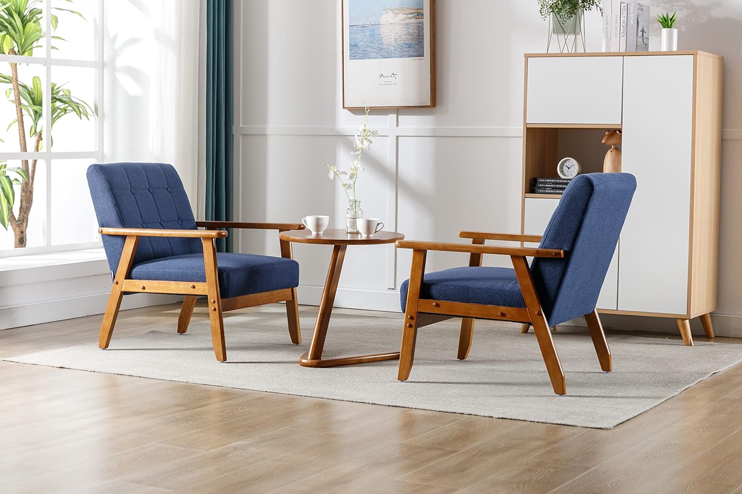 Accent Chairs Set of 2 with Side Table, Mid Century Modern Accent Chair, Wood and Fabric Armchairs Side Chair, Lounge Reading Comfy Arm Chair for Living Room, Bedroom, Office (Navy)