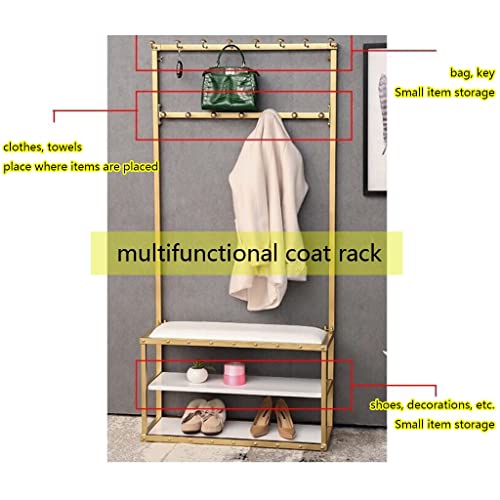 Entryway Hall Tree Heavy Duty Stand Coat Rack With Hooks 2 Storage Shelf Industrial Accent Furniture With Wrought Iron Frame For Store Home Bedroom (Color : Gold B, Size : 80x30x17