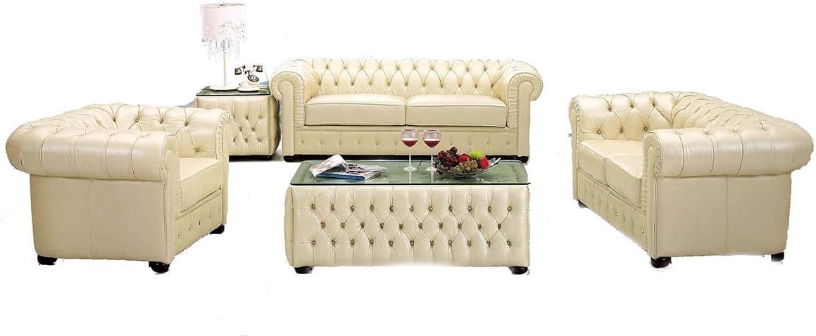 Genuine Italian Leather Living Room Furniture Sofa Set, Ivory, (E-258S)