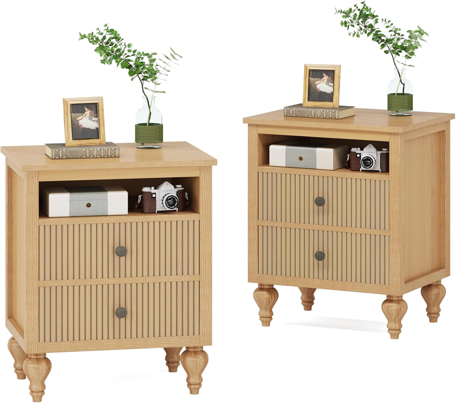 Tribesigns 2-Drawer Nightstand Set of 2, Sofa Side Table with Open Storage Space and Pine Solid Wood Legs, Bedside End Table, Night Stand for Bedroom, Natural