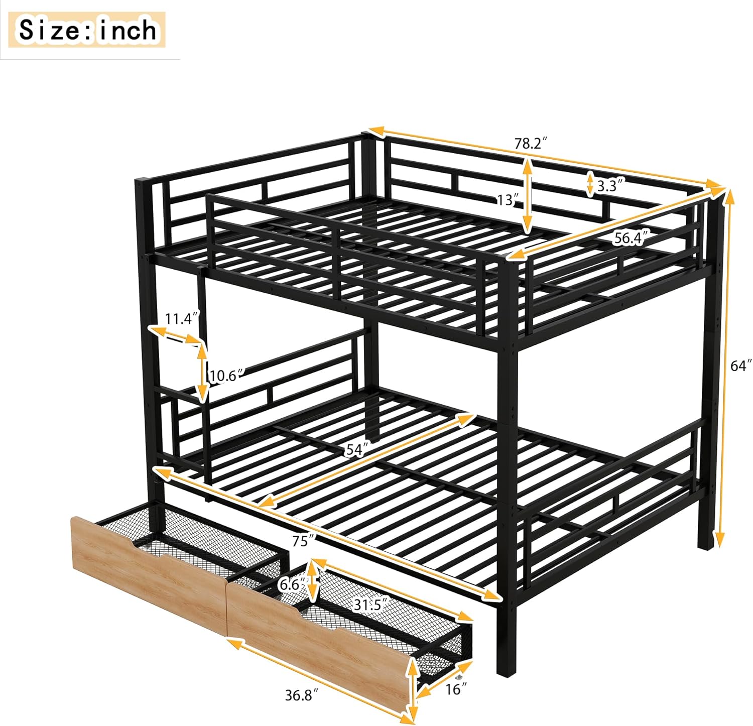 Metal Full Over Full Bunk Bed with 2 Drawers,Heavy Duty Convertible Bedframe for Bedroom,Black