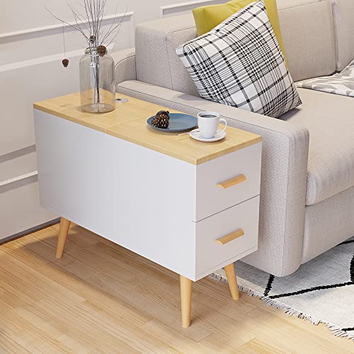 homary Narrow Side Table with Storage Cabinet Rectangle Contemporary End Side Table for The Living Room and Bedroom (White)