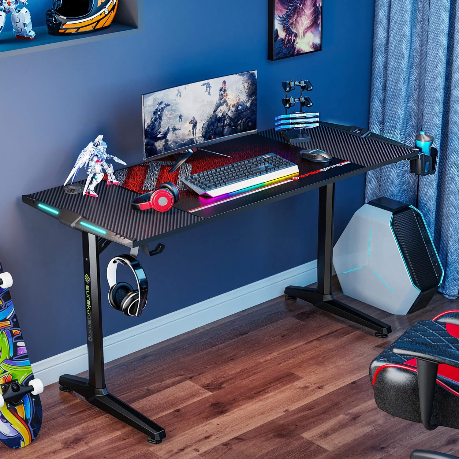 EUREKA ERGONOMIC Gaming Desk 55in, Home Computer Gaming Deskwith RGB Light Office Workstation, Black