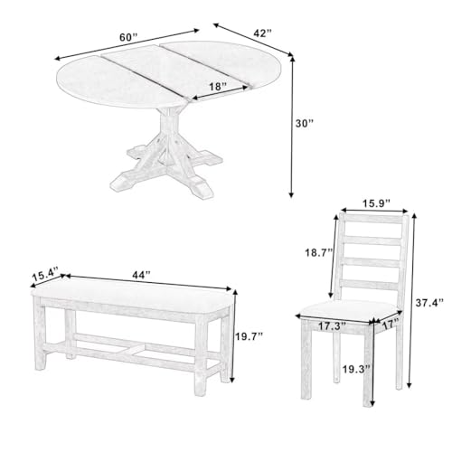 Farmhouse 6-Piece 60inch Extendable Pedestal Dining Table Set with 18inch Removable Leaf, 44inch Bench and 4 Ladder Back Dining Chairs, Natural
