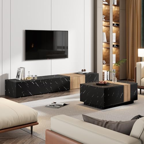 Merax 2 Piece Set, Faux Marble, Walnut Wood Grain Finish, Modern Entertainment TV Stand for Televisions up to 88'', Center Coffee Table with 2 Storage Drawers for Living Room, White