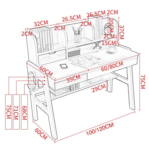 Computer Desk Home Office Desk Workstation Desk and Chair Adjustable Lift with Drawers and Double Shelf with Hooks and Shelves Desk for Bedroom (Color : A, Size : 120x60x75cm)