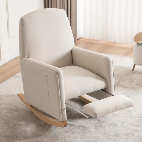 Rocking Chair, Nursery Chair with Adjustable Footrest and High Backrest, Glider Chair for Nursery with Side Pockets,Upholstered Rocking Chair Indoor for Living Room,Cotton Linen Beige