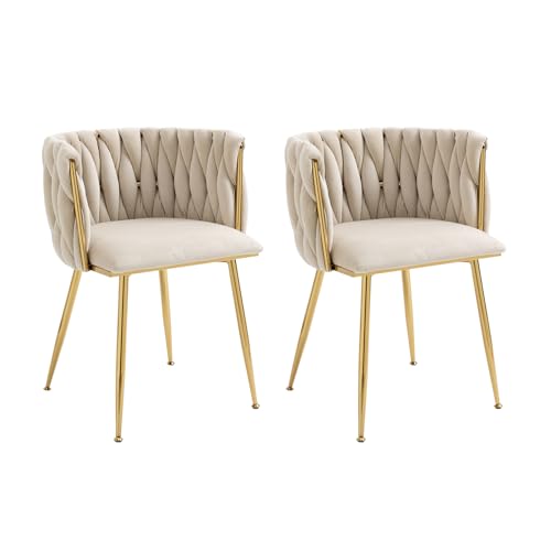 Velvet Dining Chairs Set of 2, Modern Upholstered Dining Chairs with Gold Metal Legs for Dining Room, Vanity, Kitchen, Living Room(Beige)