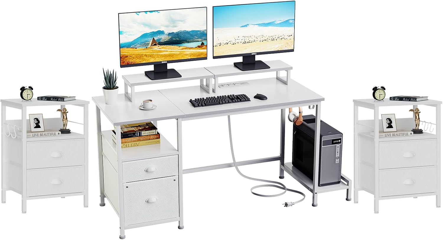 Furologee White Computer Desk and Nightstands Set 2, Office Desk with Drawer and Power Outlets, 2 Monitor Stands and Fabric File Cabinet, End Table with 2 Fabric Drawers, for Bedroom/Home Office