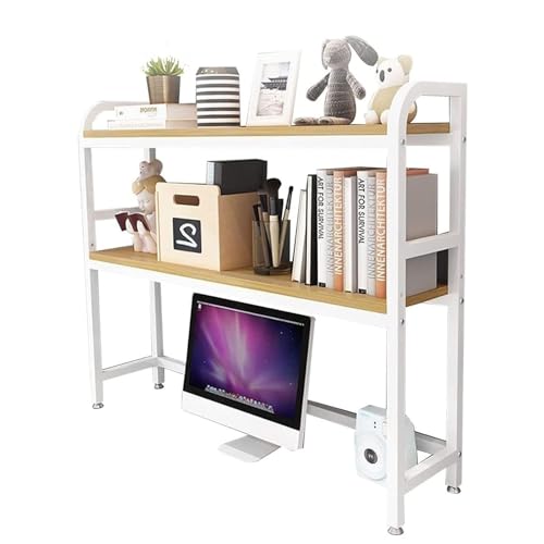 Desktop Bookshelf for Computer Desk - Adjustable Desk Bookshelf Organizer Rack, 2-Tier Multipurpose Countertop Hutch Bookcase, Industrial Open Storage Rack, Small Office Books Display Shelf(White,95X2