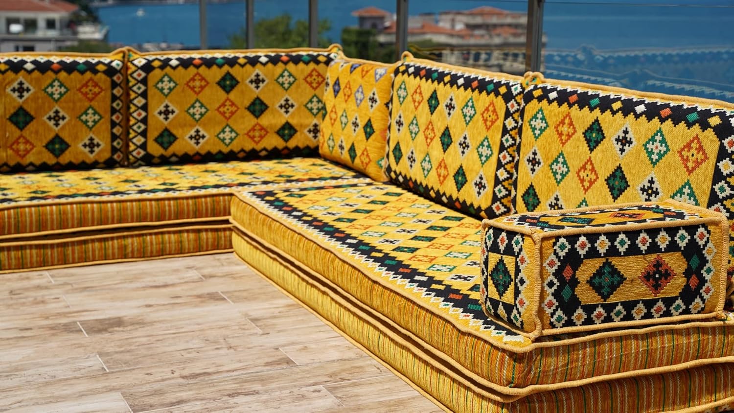 Yellow L Shaped Floor Couch, Sectional Sofa Set, Floor Pillow, Arabic Majlis, Moroccan Livingroom Cushion, 4