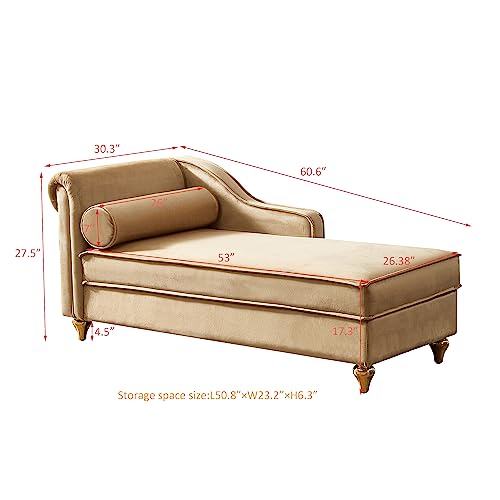 HomSof Chaise Lounge with Storage, Grey Velvet Reclining Chair with Metal Legs and 1 Round Pillow