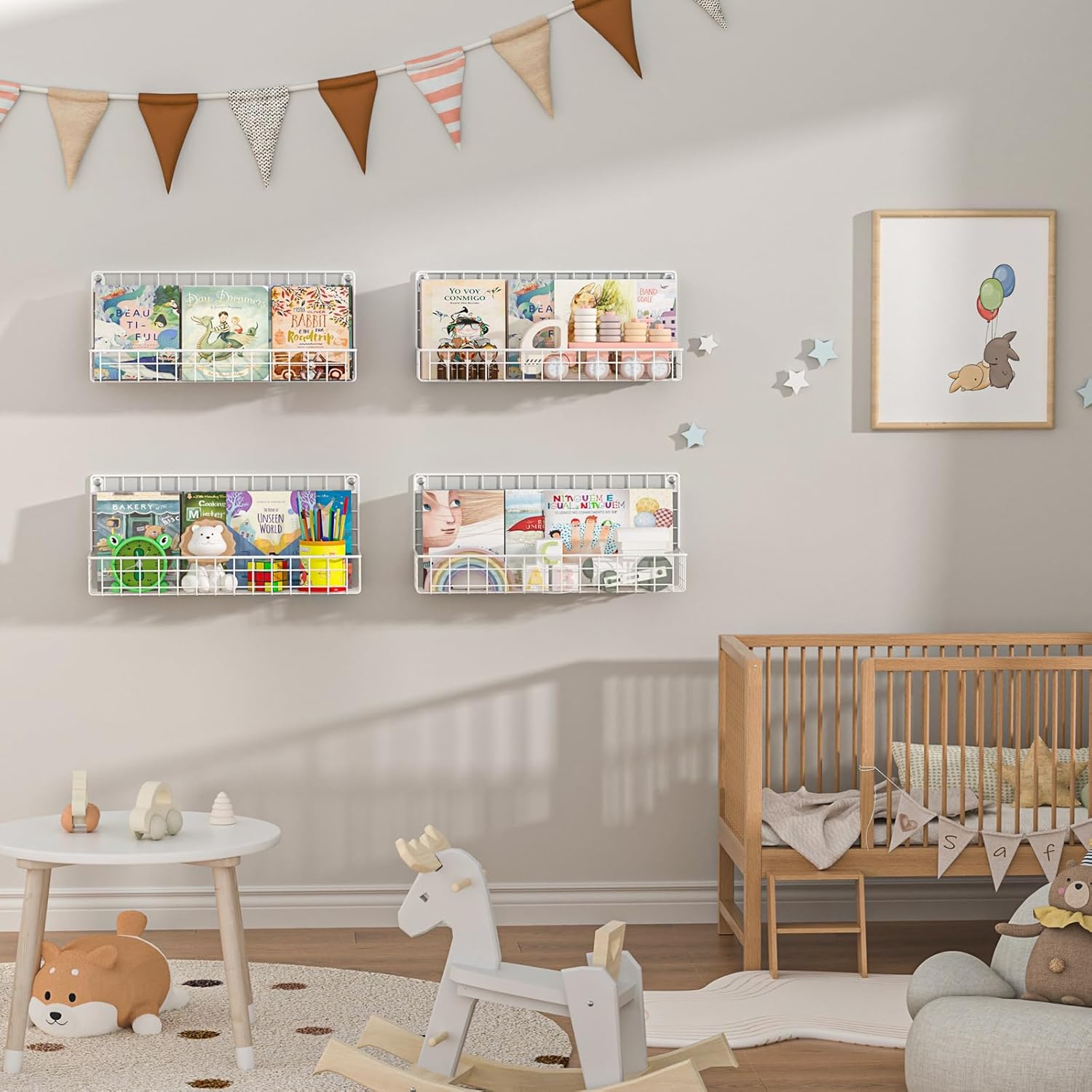 X-cosrack Wall Mounted Metal Kids Bookshelf, Floating Book Shelves for Kids Nursery Toddler Bedroom Classroom, Hanging Book Shelf Storage Organizer for Room Decor, Black&White