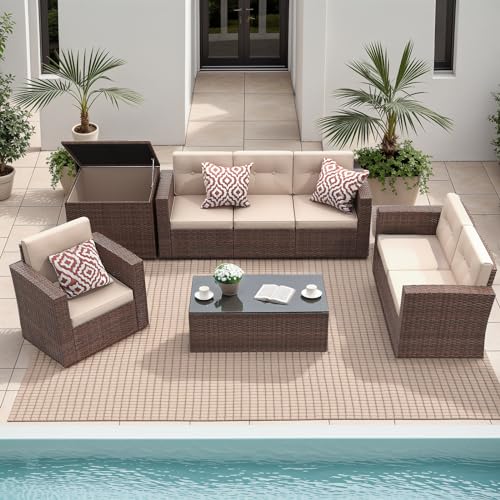 JOIVI 9 Piece Patio Conversation Sets - Wicker Patio Couch Set with Fire Pit, Durable Handwoven Fabric, Fireproof Glass Beads Cover, Storage Box, Great for Romantic Dining & Movie Nights, Brown