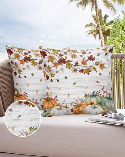 Outdoor Pillow Covers Waterproof, Thanksgiving Maple Throw Pillowcase Decorative Cover, Farmhouse Fall Pumpkins Wooden Garden Cushion Case Set of 2 for Sofa, Couch, Tent, Patio, 18