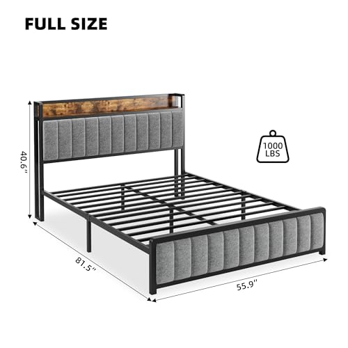 GAOMON Full Bed Frame with Storage Headboard and Charging Station, Upholstered Platform Bed Frame, Solid and Stable, Noise Free, Full Bed Frame No Box Spring Needed, Easy Assembly, Black
