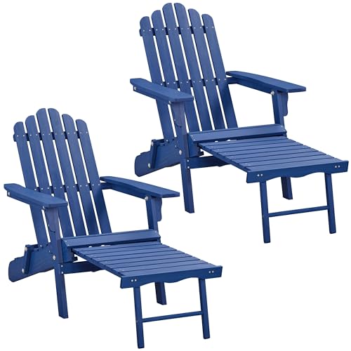 Yaheetech Set of 4 Folding Adirondack Chair with Retractable Ottoman 300lb Solid Wood Garden Chair, Fire Pit Lounge Chairs Weather Resistant Furniture for Garden/Yard/Patio/Lawn, Blue