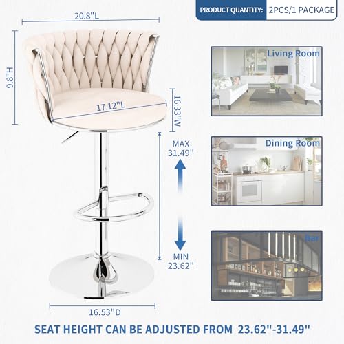 AWQM Velvet Bar Stool Set of 2,Counter Height Barstools Adjustable Kitchen Island Chairs,Swivel Bar Stools Upholstered Bar Chairs Counter Stool Armless Chairs with Back & Footrest, Beige