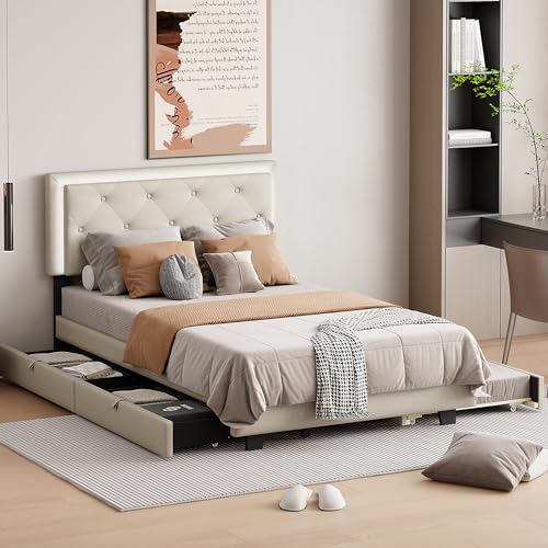 Velvet Upholstered Queen Size Platform Bed with 2 Storage Drawers and Twin XL Trundle, Headboard Built-in LED Light for Adults Boys Girls, No Box Spring Needed (Beige-015)