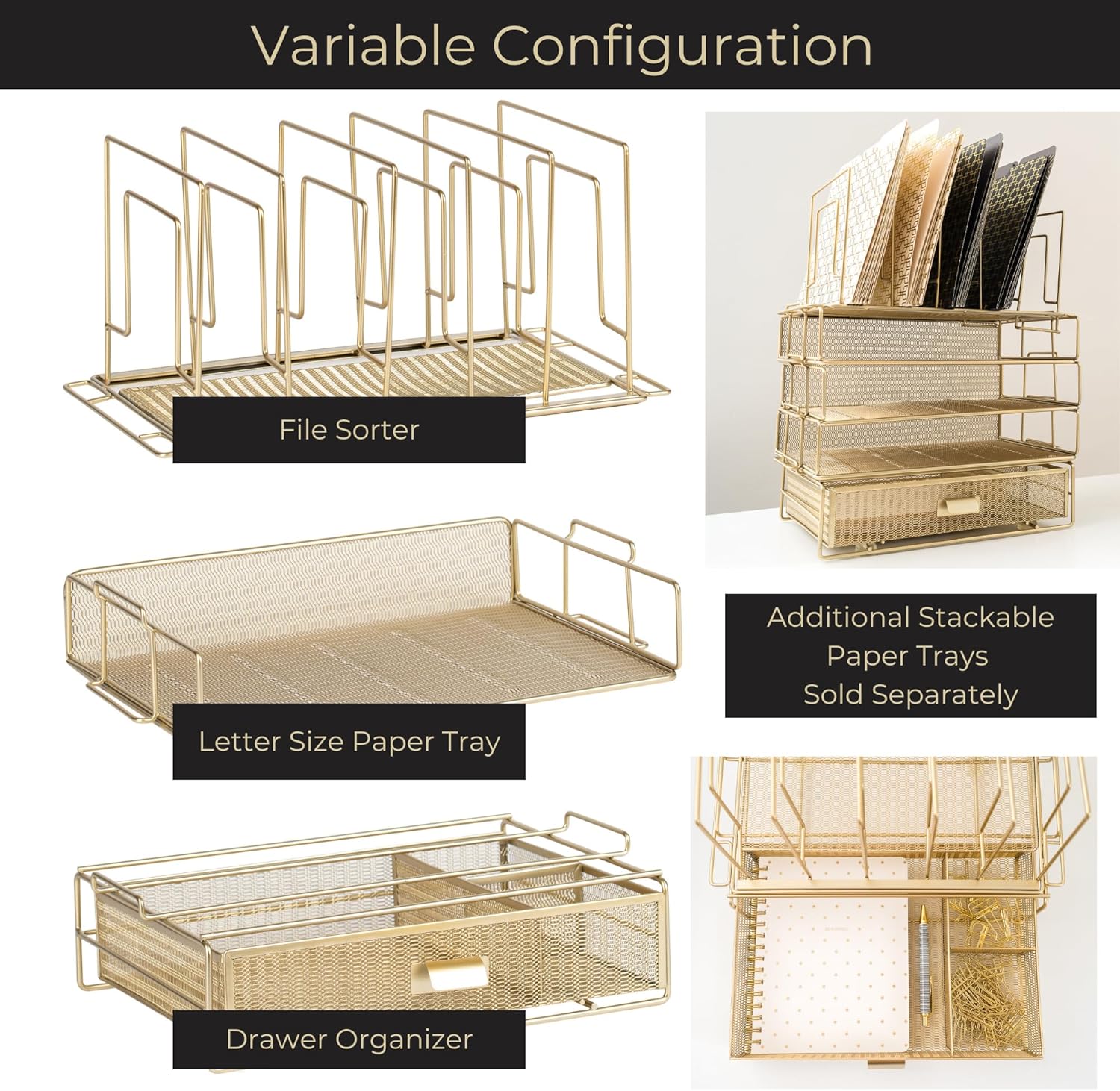 Gold Desk Organizer - Gold Desk Accessories for Women Office Set Includes Detachable File Organizer, Stackable Paper Tray, Stackable Drawer - Gold Office Supplies for Desk Gold File Organizer for Desk