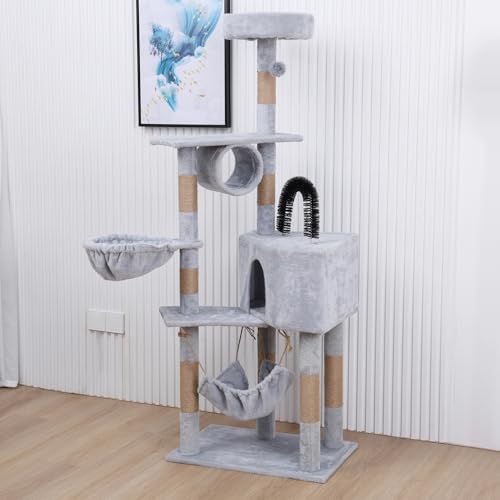 Cat Tree Tower for Indoor Cats Cat Tower Cat Tree for Indoor Cats Large Adult Cat Hammock Cat Furniture Tall Cat Tower with Small House, Scratching Post, Hanging Ball, and Habitat Grey