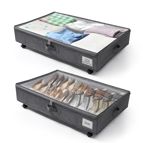 KitHreo Under Bed Storage with Wheels, 2 Pack Underbed Storage Containers, Rolling Under Bed Organizer, Large Capacity, Easy Assembly, Sturdy, Under Bed Drawers on Wheels for Clothes, Shoes, Toys
