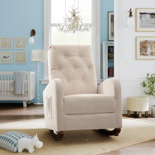 Rocking Chair, Modern Button Tufted Upholstered Nursery Chair with Fabric Padded Seat, Comfy High Back Armchair Sofa Chair with Side Pocket for Office, Living Room, Green