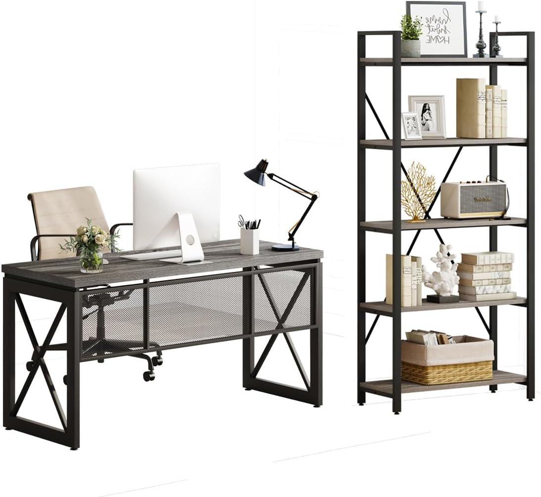 BON AUGURE Home Office Computer Desk with Industrial 5 Tier Bookshelf, Storage Etagere Bookcase for Farmhouse, Wood and Metal Furniture Set(Dark Grey Oak)