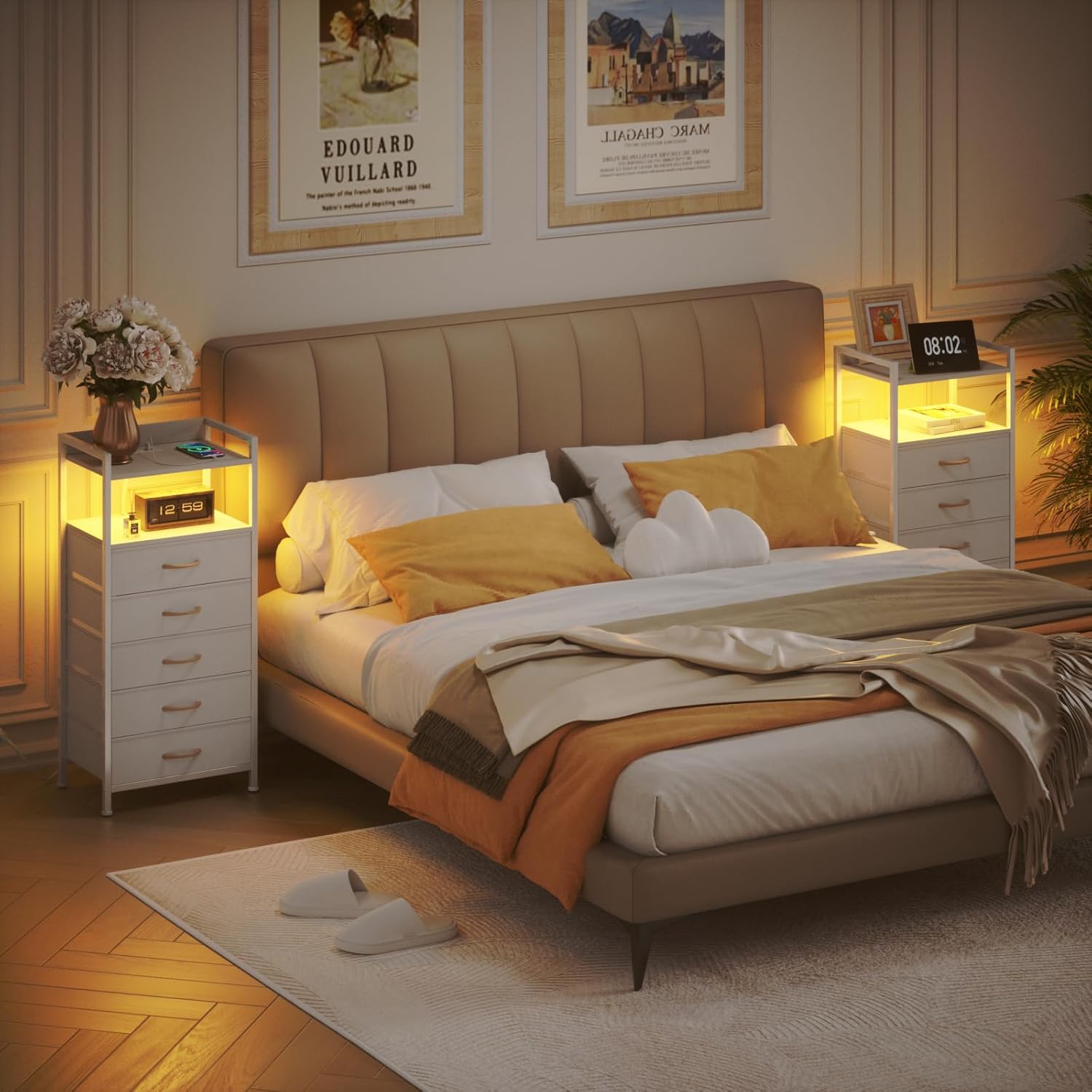 Furnulem Nightstand with 5 Storage Drawer, Tall Dresser for Bedroom with Led Light and Charging Station, Side Table Nightstand for Closet, Fabric Bins, Metal Frame, Wood Shelf