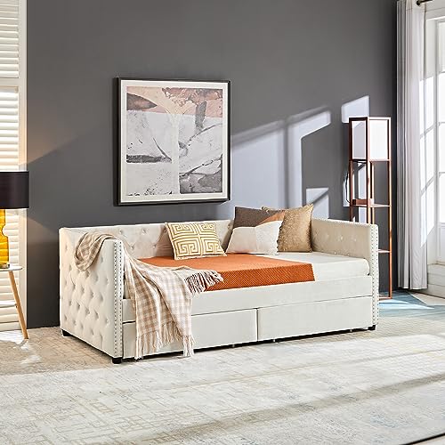 Velvet Twin Daybed with Storage, Upholstered Day Bed Twin Size with Drawers and Headboard, Solid Wood Bed Frame for Living Room and Bedroom, No Box Spring Needed (Beige Velvet)